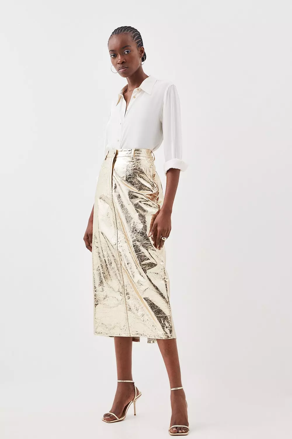 Metallic Faux Leather Midi Skirt Karen Millen