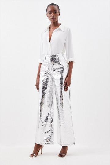 Silver Metallic Faux Leather Wide Leg Pants