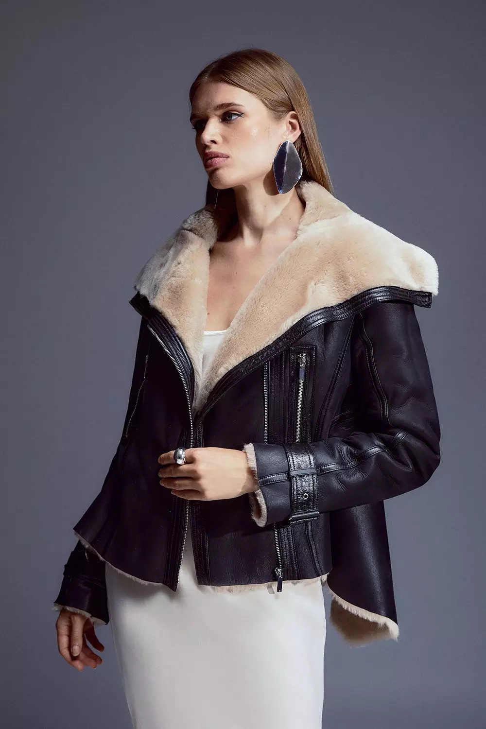 Shearling High Low Jacket Karen Millen