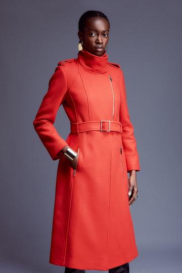 Italian Manteco Wool Blend High Neck Belted Coat red