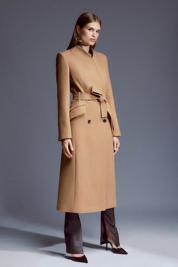 Italian Manteco Wool Blend High Neck Belted Midaxi Coat camel