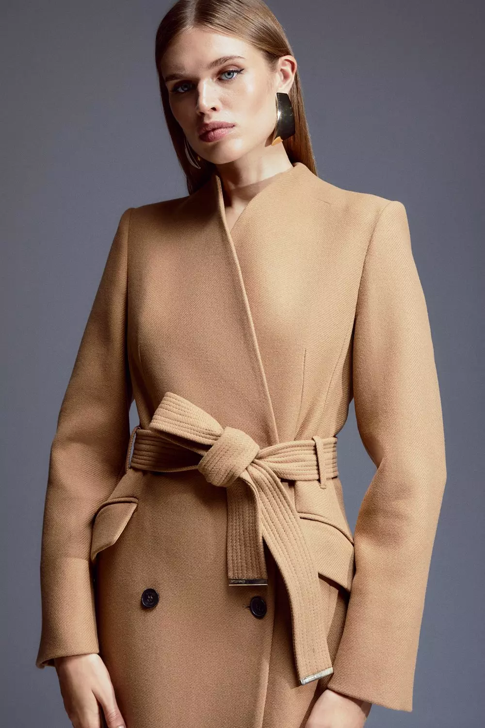 Italian Manteco Wool Blend High Neck Belted Midaxi Coat | Karen Millen