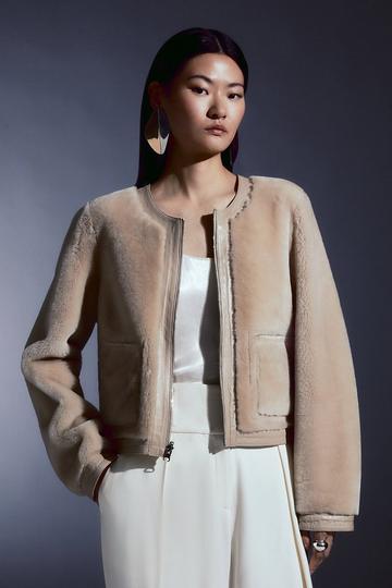 Reversible Shearling Collarless Jacket cream