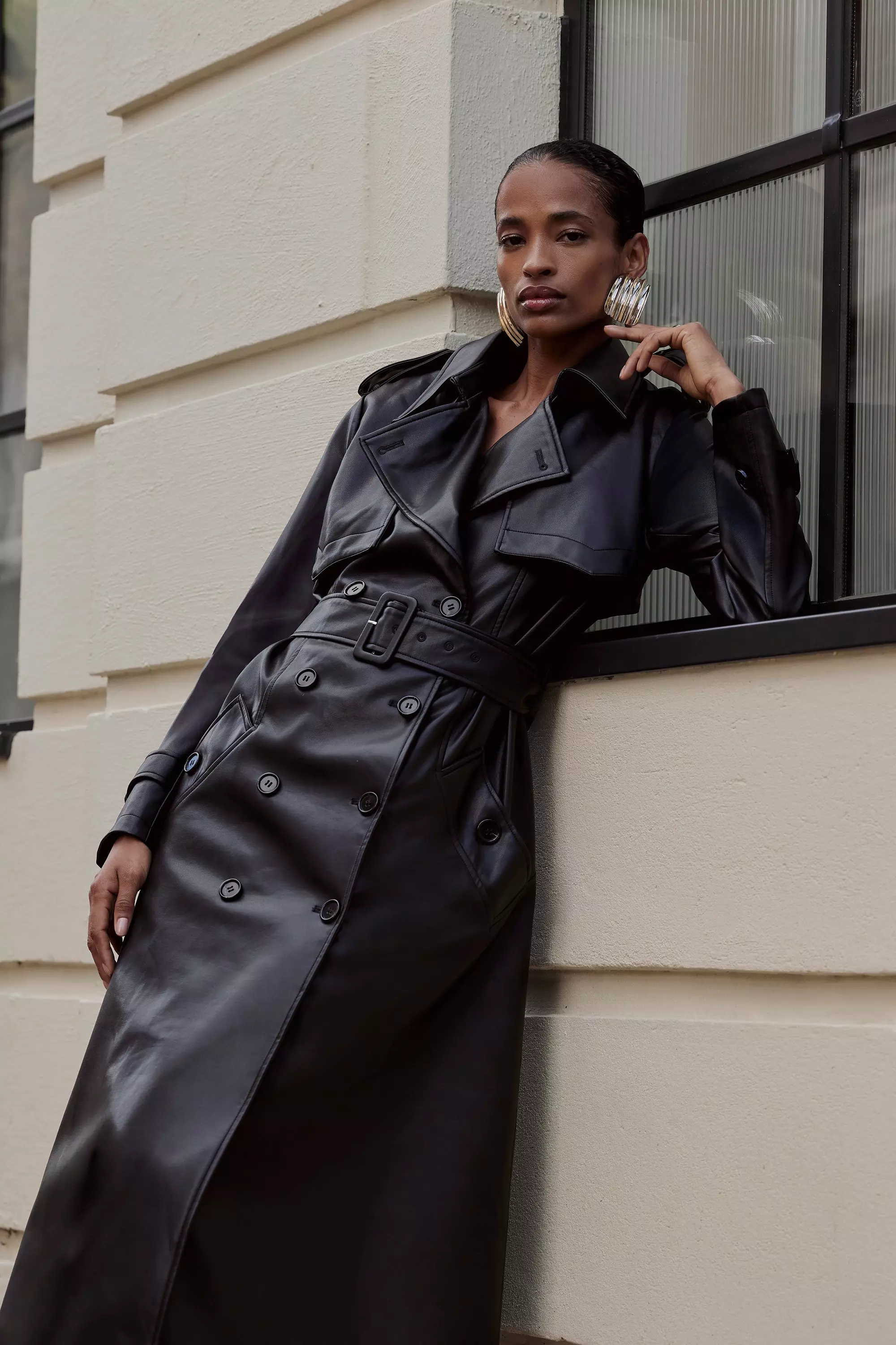 Black trench coat leather best sale