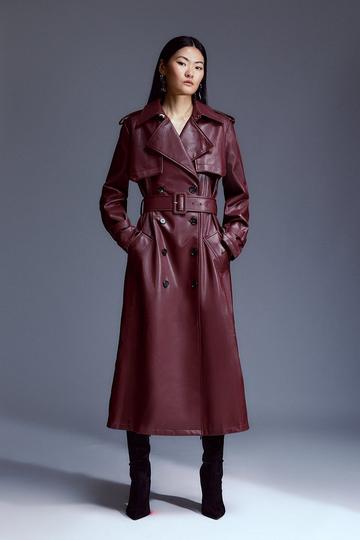 Tailored Faux Leather Belted Trench Coat oxblood