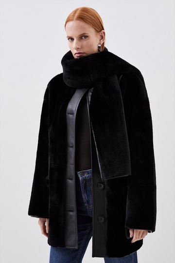 Italian Reversible Shearling Detachable Scarf Detail Coat black