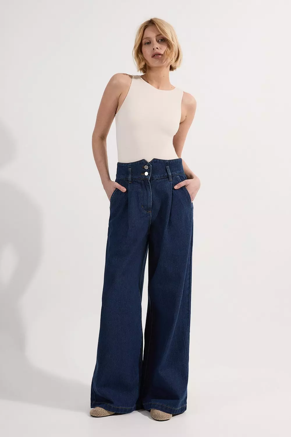 Denim trousers wide leg hotsell