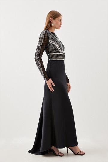 Petite Guipure Lace Satin Woven Maxi Dress black