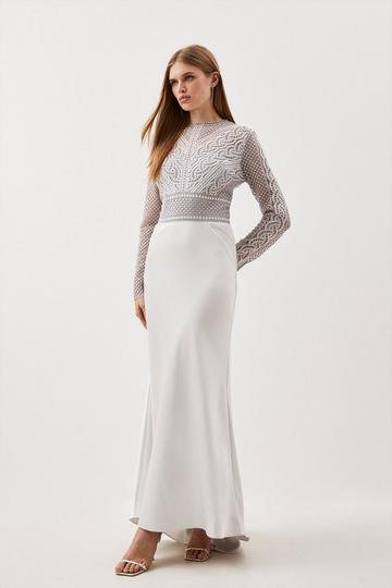 Guipure Lace Satin Woven Maxi Dress silver