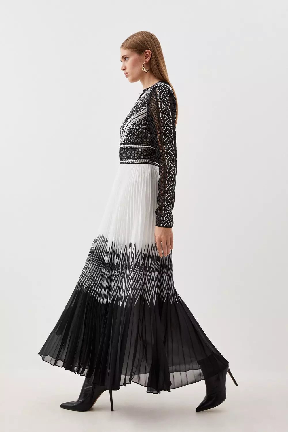 Guipure Lace Pleated Placed Print Woven Maxi Dress | Karen Millen