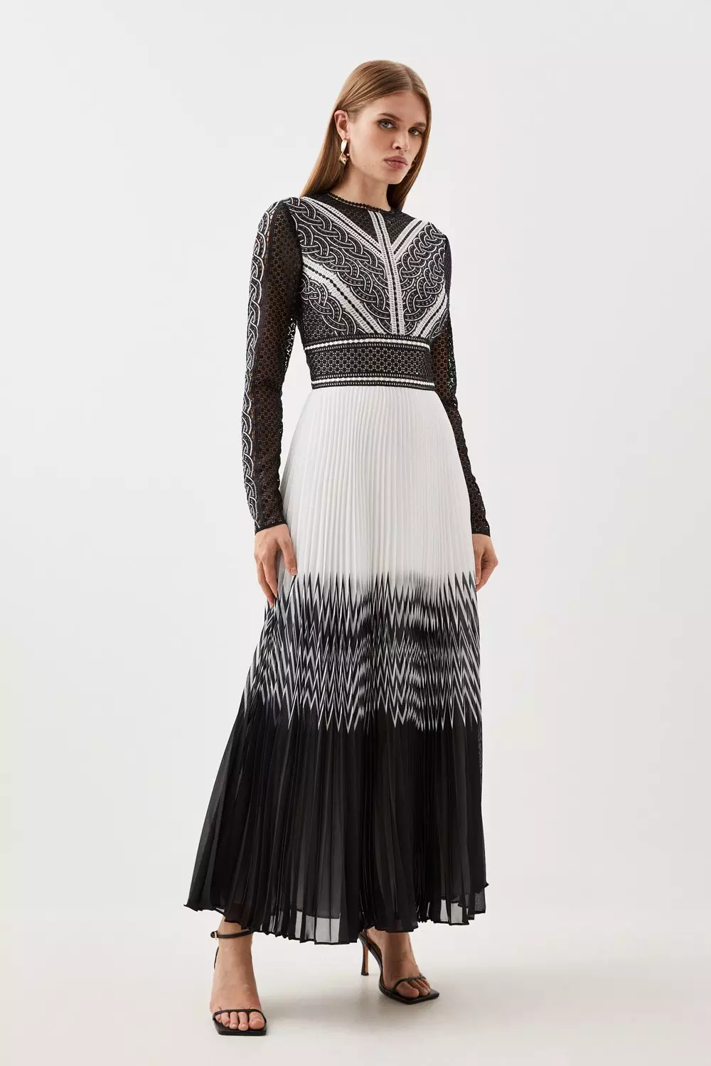 Guipure Lace Pleated Placed Print Woven Maxi Dress | Karen Millen