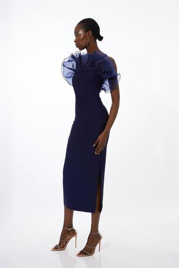 Navy Bandage Figure Form Organza Frill Knit Midaxi Dress