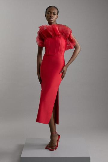 Red Bandage Figure Form Organza Frill Knit Midi Dress