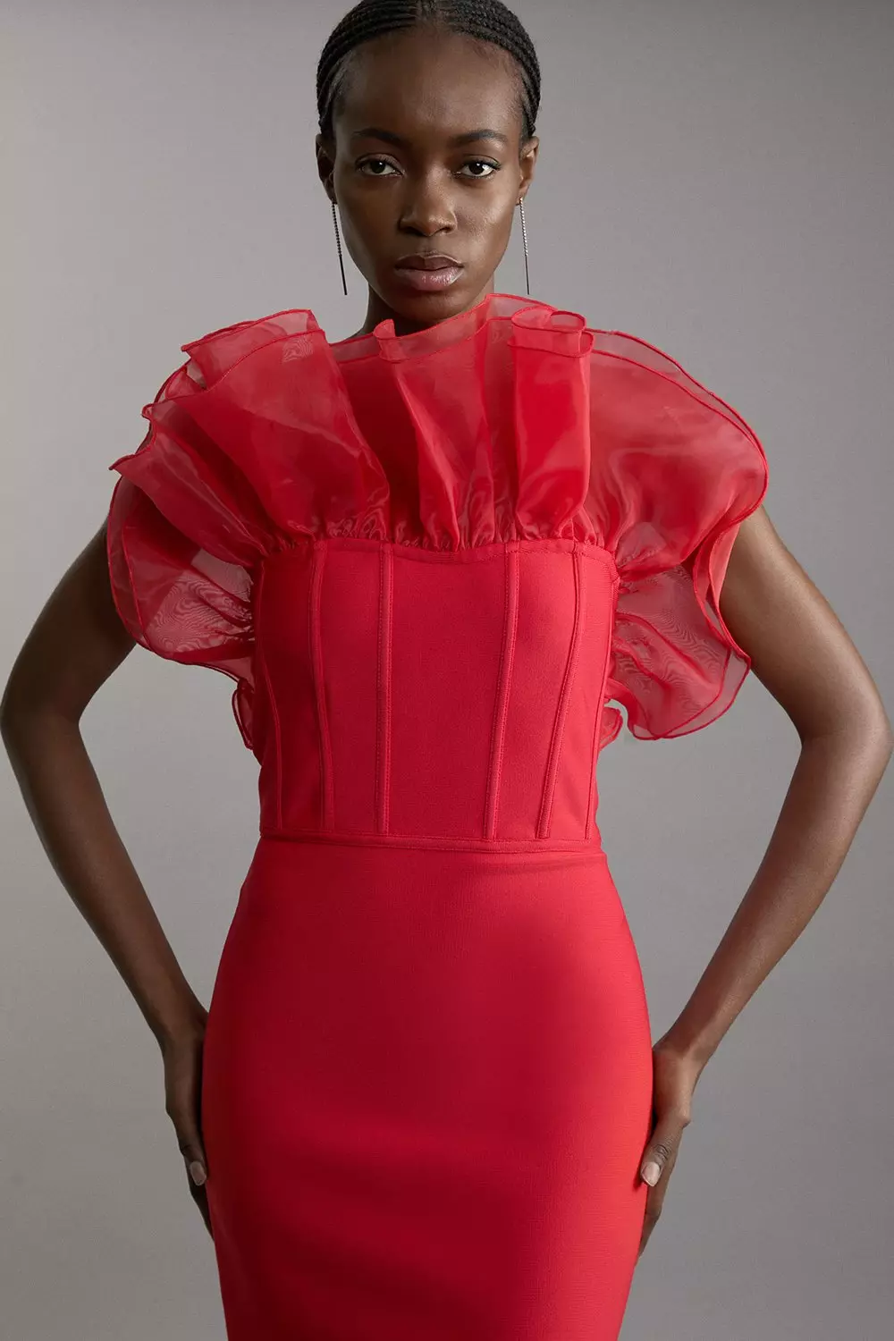 Bandage Figure Form Organza Frill Knit Midi Dress | Karen Millen