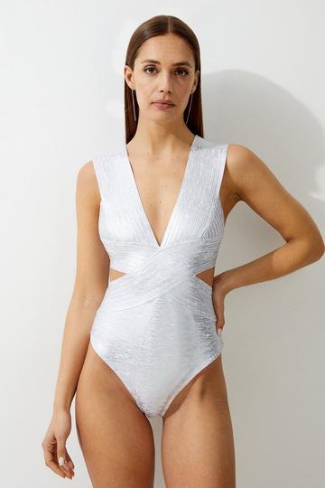 Silver Foiled Bandage Textured V Neck Swimsuit