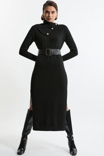 Wool Blend Cosy Envelope Belted Knit Maxi Dress black