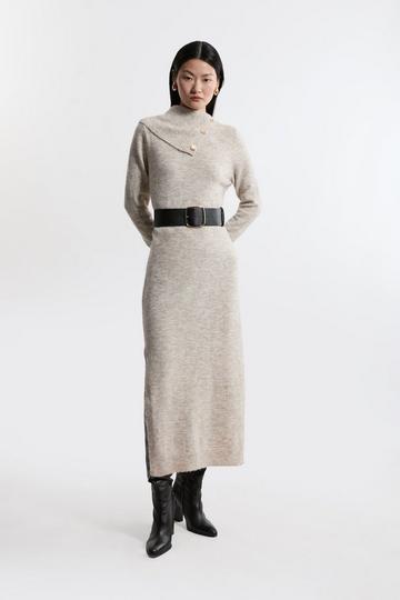 Wool Blend Cosy Envelope Belted Knit Maxi Dress ivory