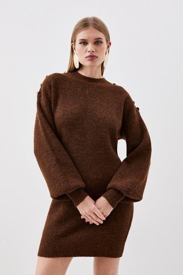 Wool Blend Cosy Military Trim Knit Mini Dress chocolate