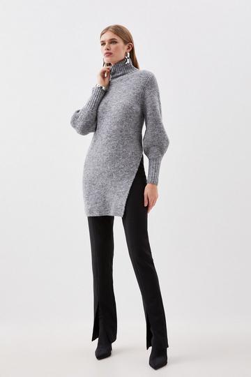 Grey Wool Blend Cosy Funnel Knit Longline Sweater