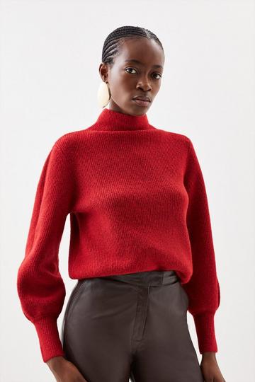 Red Wool Blend Cosy Funnel Knit Jumper