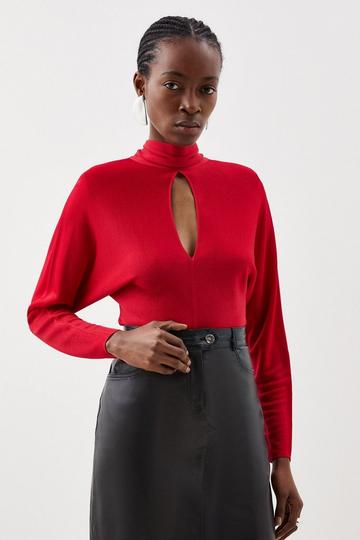 Slinky Viscose Keyhole Tie Detail Knit Top red