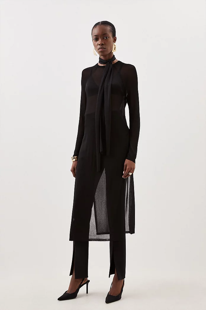 Slinky Viscose Sheer Tie Detail Knit Tunic | Karen Millen Slinky Viscose Sheer Tie Detail Knit Tunic | Karen Millen