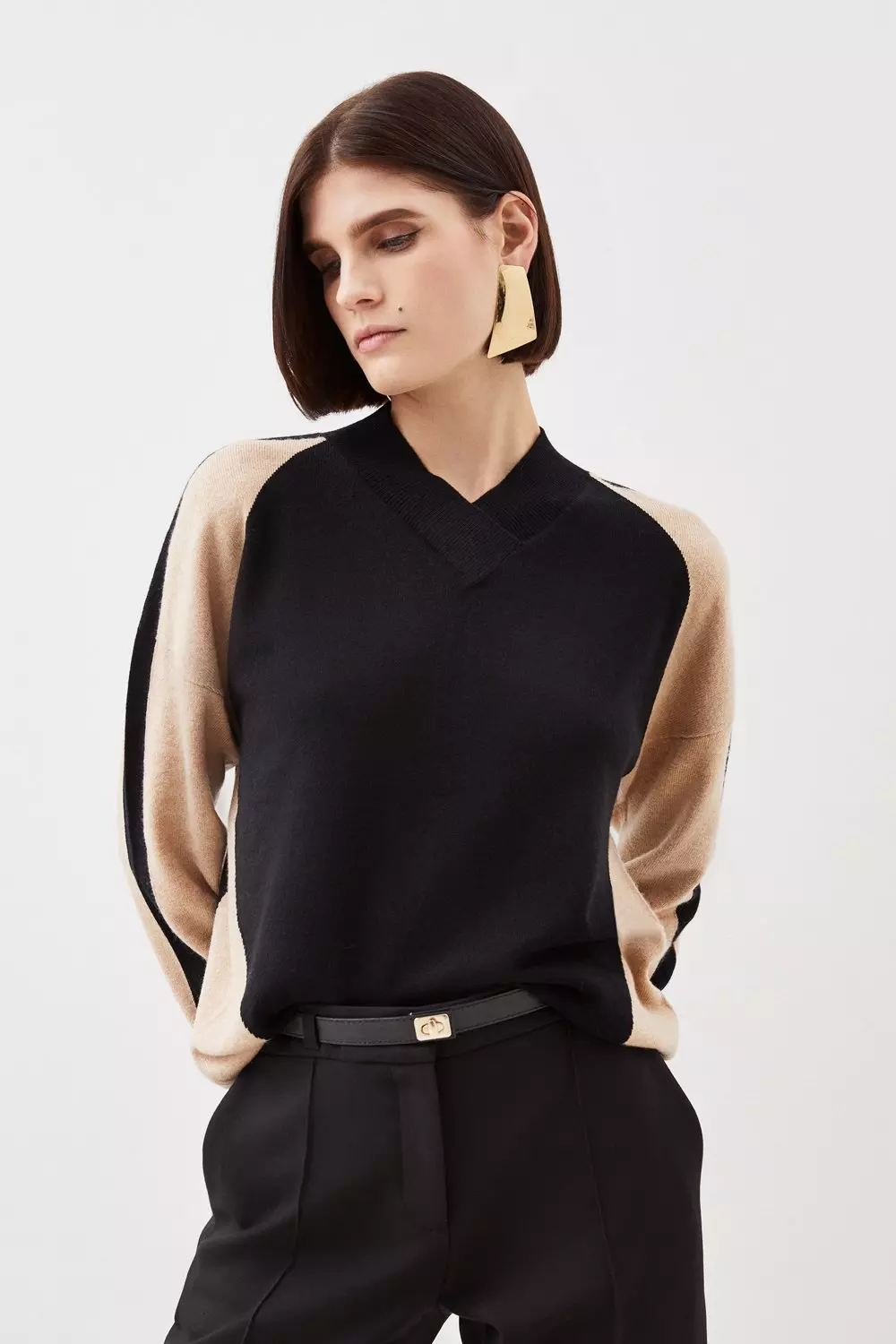 Cashmere Wool Knit High Neck Colour Block Jumper Karen Millen