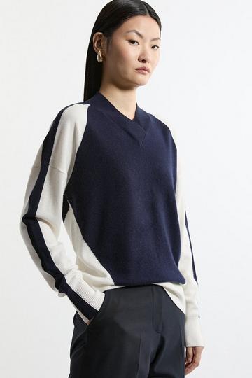 Cashmere Blend Knit High Neck Color Block Sweater navy