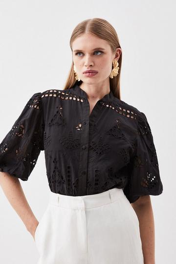 Black Cotton Broderie Woven Top