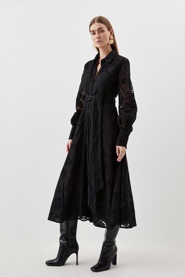 Cotton Broderie Belted Woven Maxi Dress black