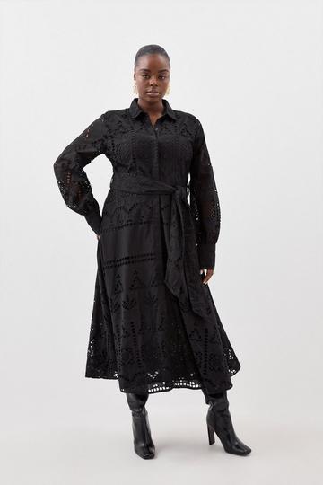 Plus Size Cotton Broderie Belted Woven Maxi Dress