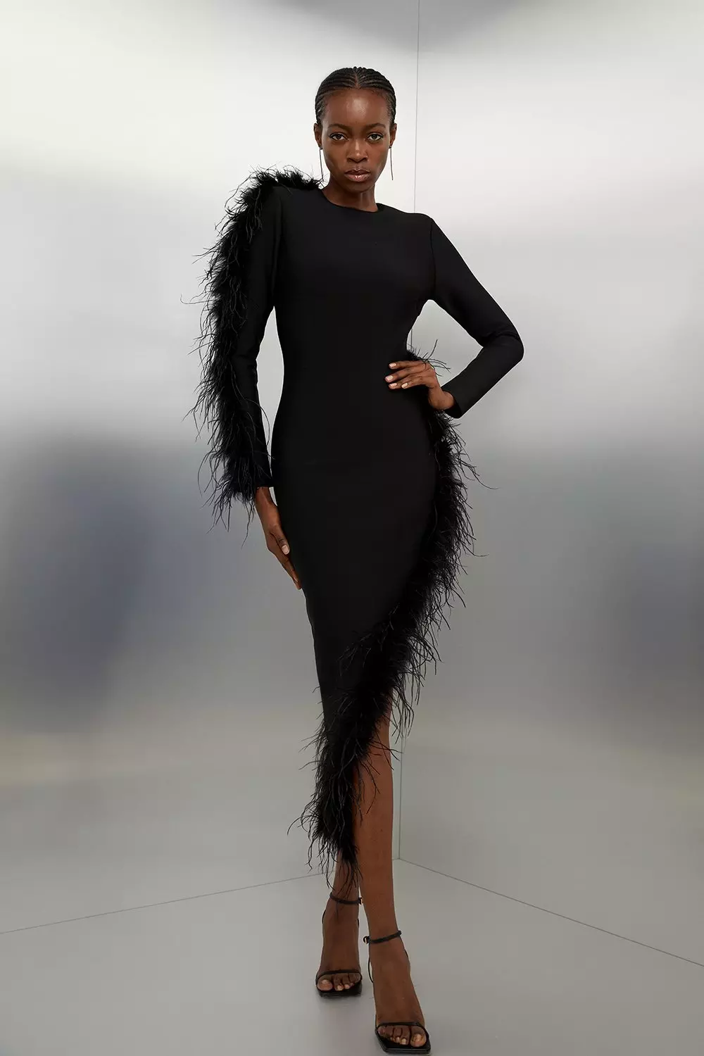 Black feather midi dress best sale