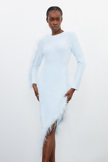 Figure Form Bandage Knit Split Feather Hem Maxi Dress pale blue