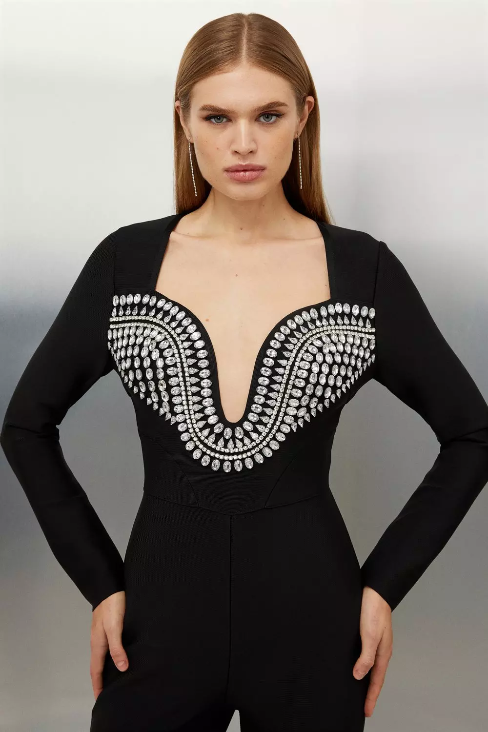 Figure Form Bandage Embellished Sparkle Knit Jumpsuit | Karen Millen