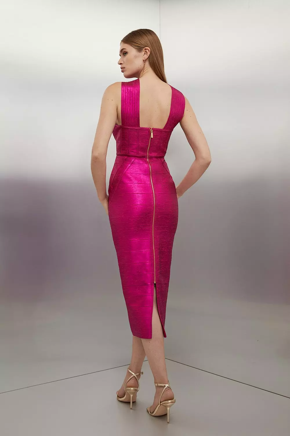 Figure Form Bandage Foiled Cross Front Knit Midi Dress