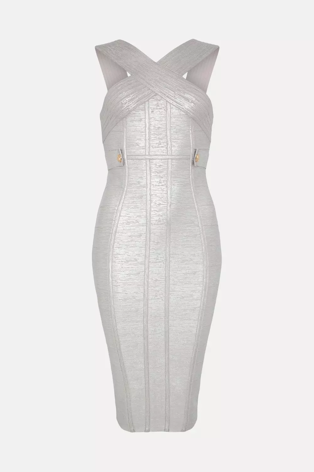 Figure Form Bandage Foiled Cross Front Knit Midi Dress