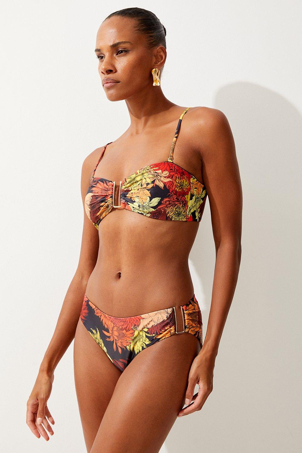 Multi Trim Detail Floral Print Bikini Bottoms