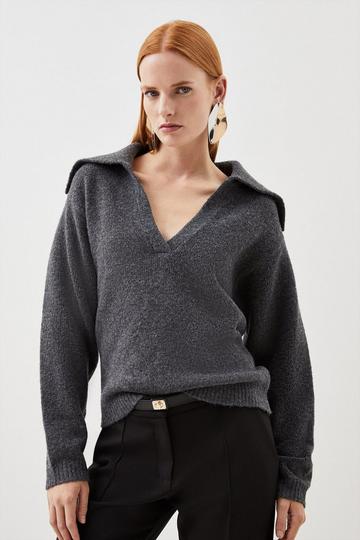 Wool Blend Relaxed Collar Knit Sweater charcoal