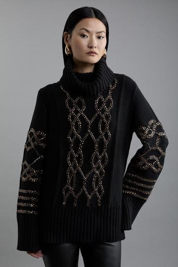 Black Embellished Cable Knit Sweater