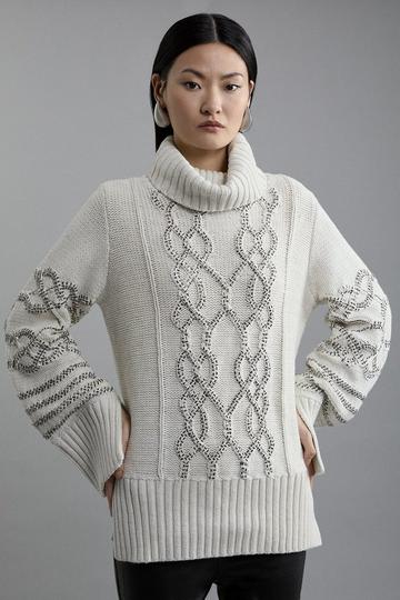 Embellished Cable Knit Sweater cream