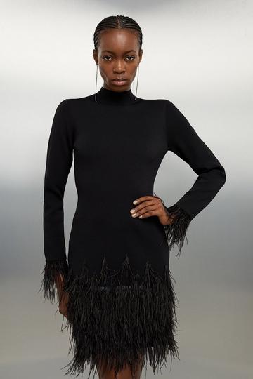 Viscose Blend Feather Detail Knit Mini Dress black