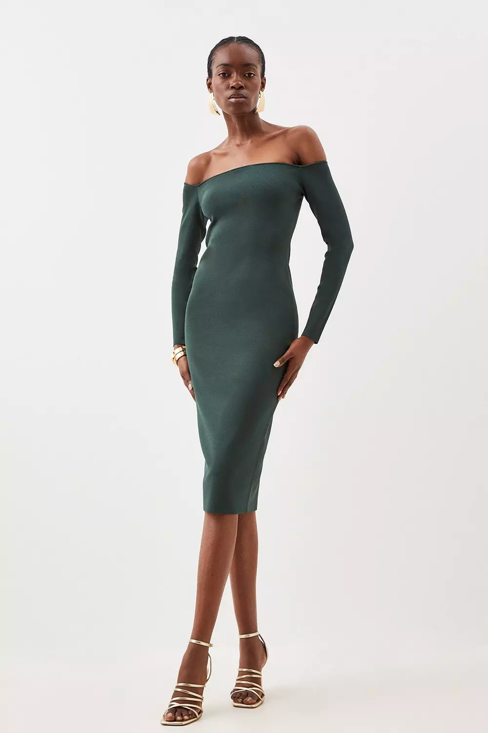 Premium Viscose Blend Body Contouring Off The Shoulder Knit Midi Dress Karen Millen