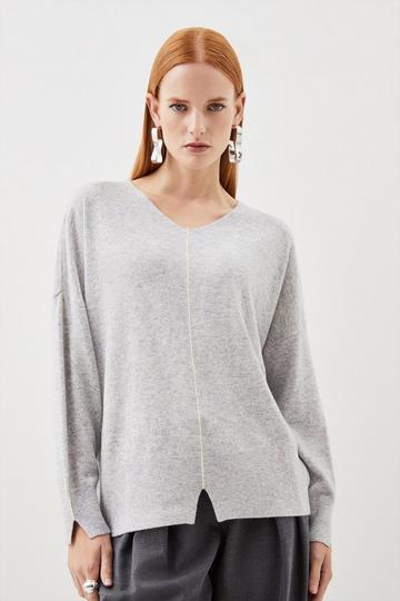 Grey Cashmere Blend Knit V Neck Sweater