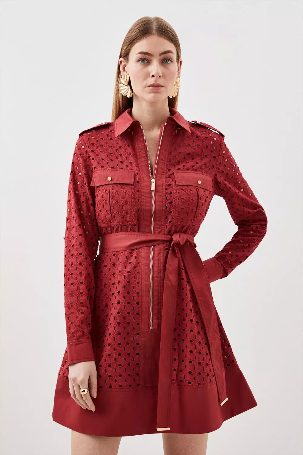 Petite Broderie Cotton Mix Zip Woven Mini Dress Karen Millen