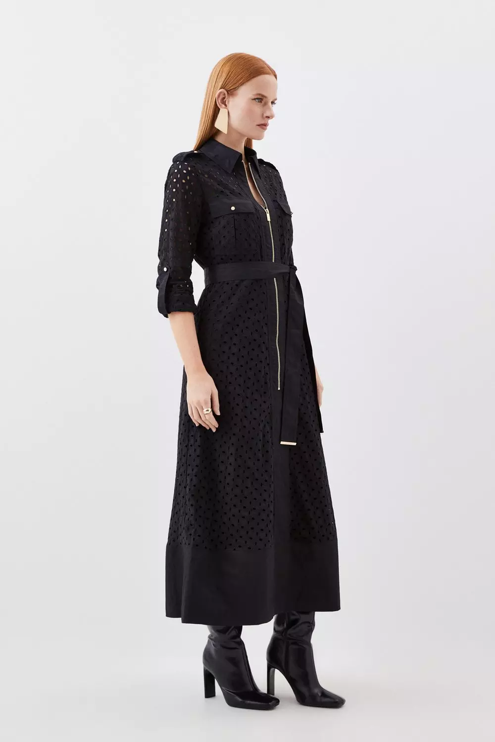 Broderie Cotton Mix Zip Woven Midi Dress | Karen Millen