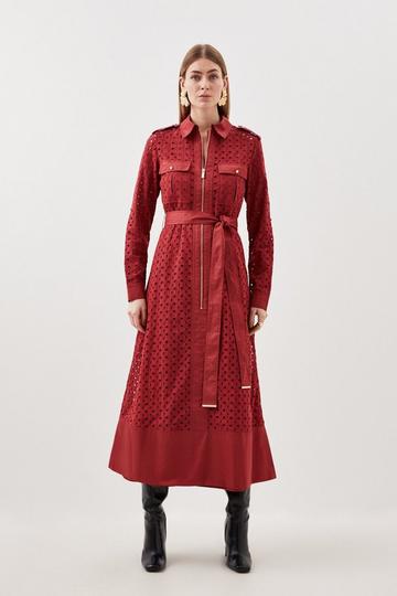 Broderie Cotton Mix Zip Woven Midi Dress rust