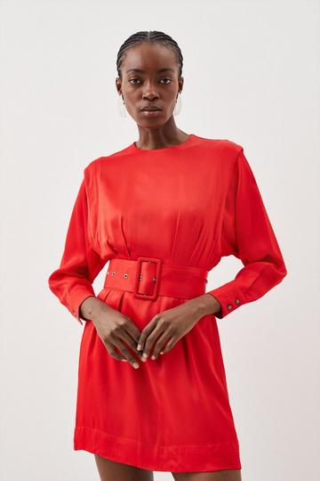 Red Petite Viscose Satin Power Shoulder Woven Mini Dress