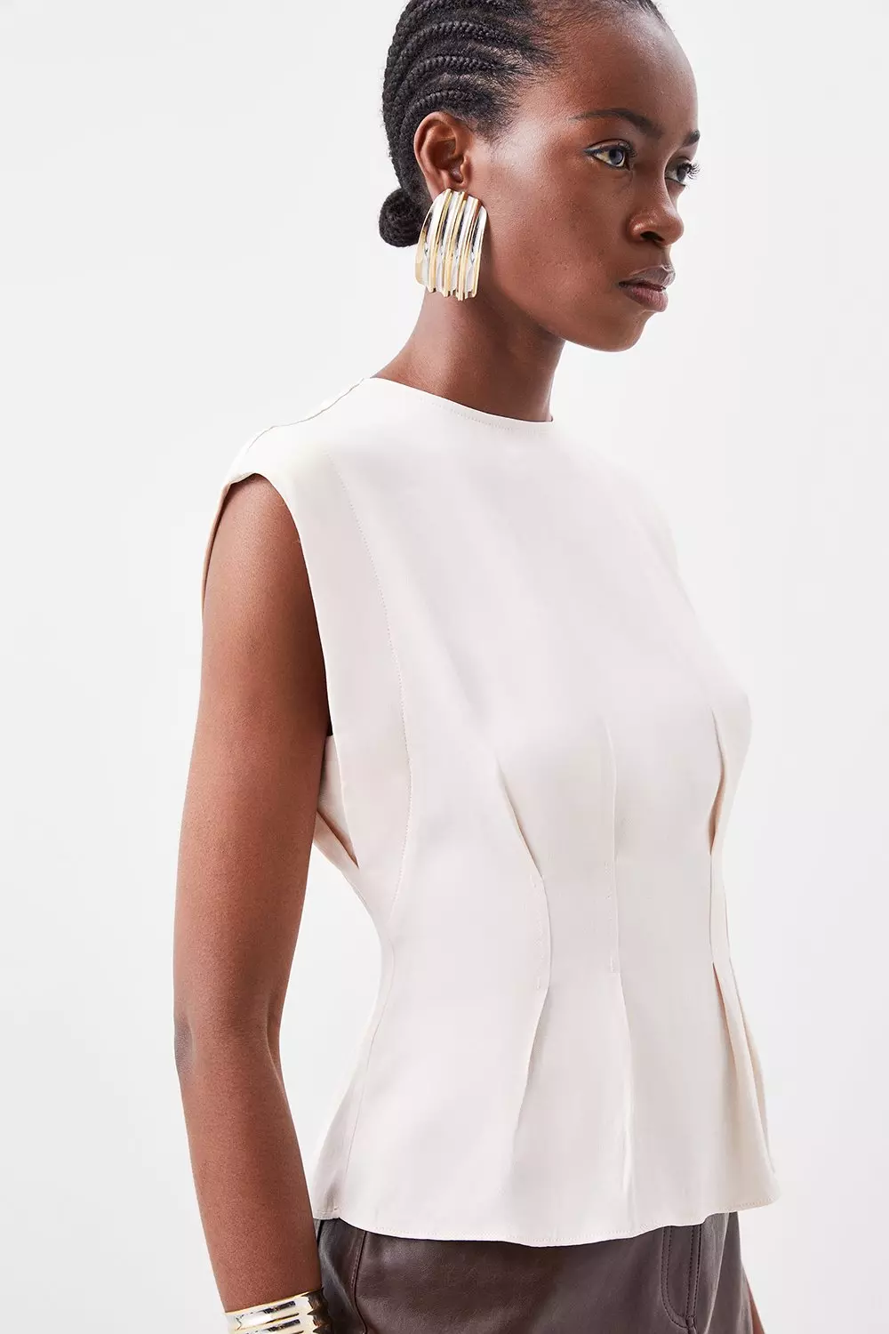 Viscose Satin Power Shoulder Sleeveless Top | Karen Millen
