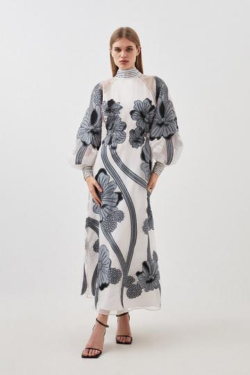 Silver Applique Organdie Floral Graphic Woven Maxi Dress