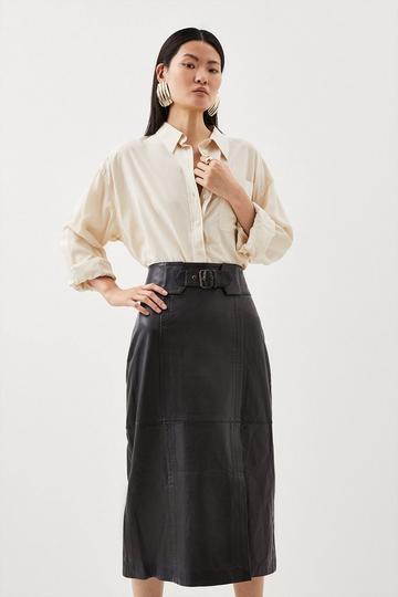 Black Leather Buckle Waist Detail Pencil Midi Skirt